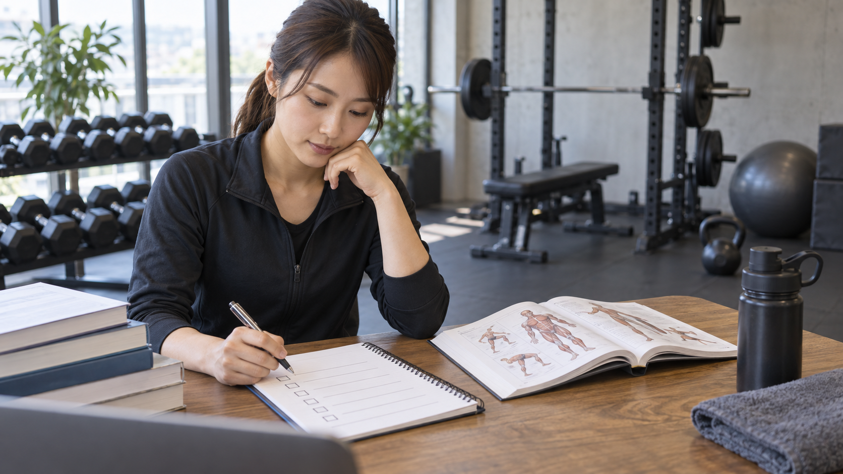 仕事を続けながら資格学習の計画を立てるトレーナー志望者