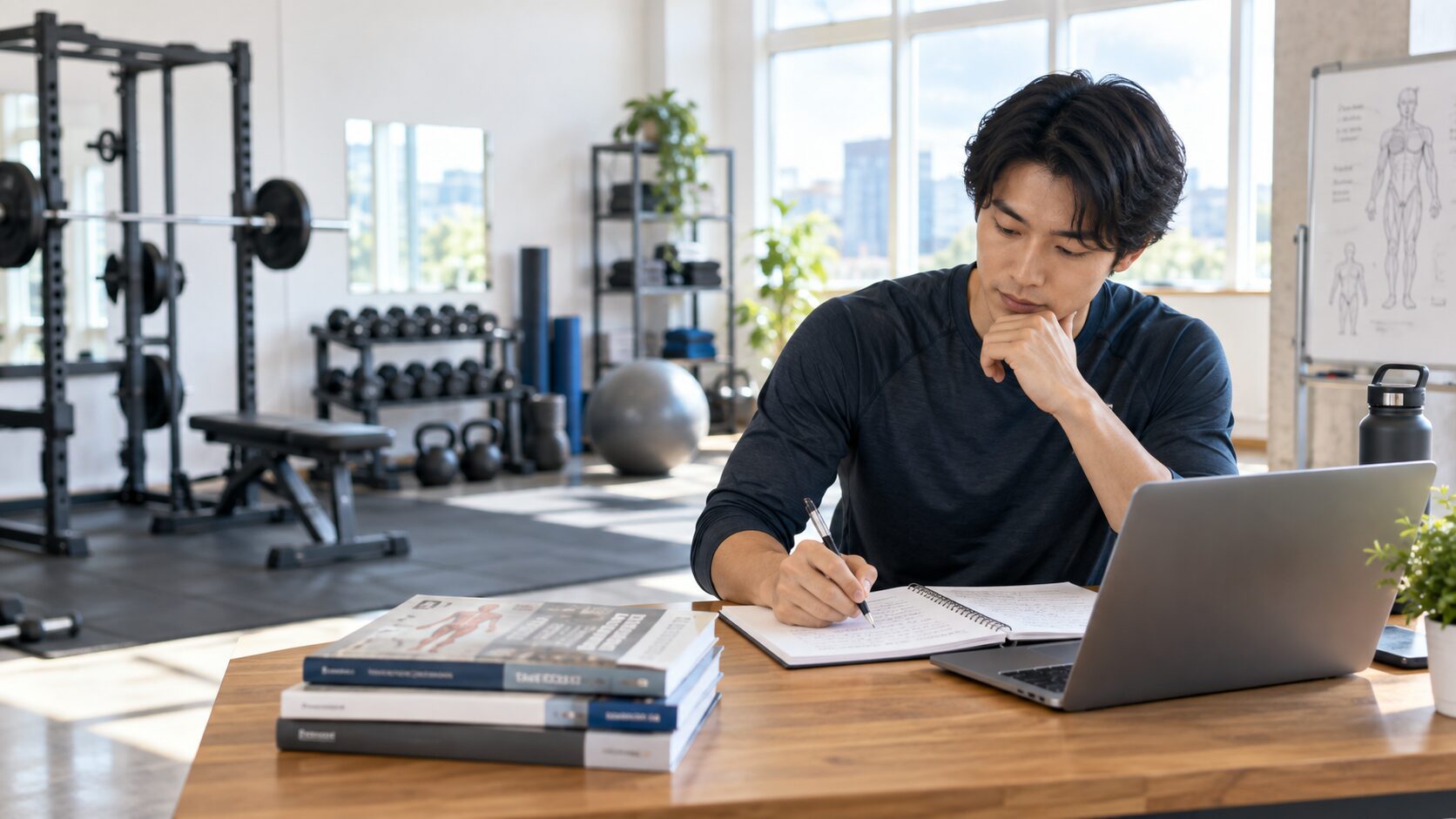 ジムでテキストを確認するトレーナー
