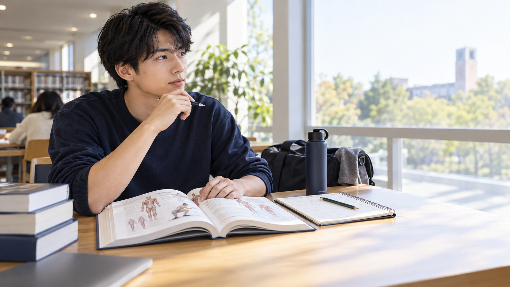 大学の図書館で運動科学と受験計画を考える学生