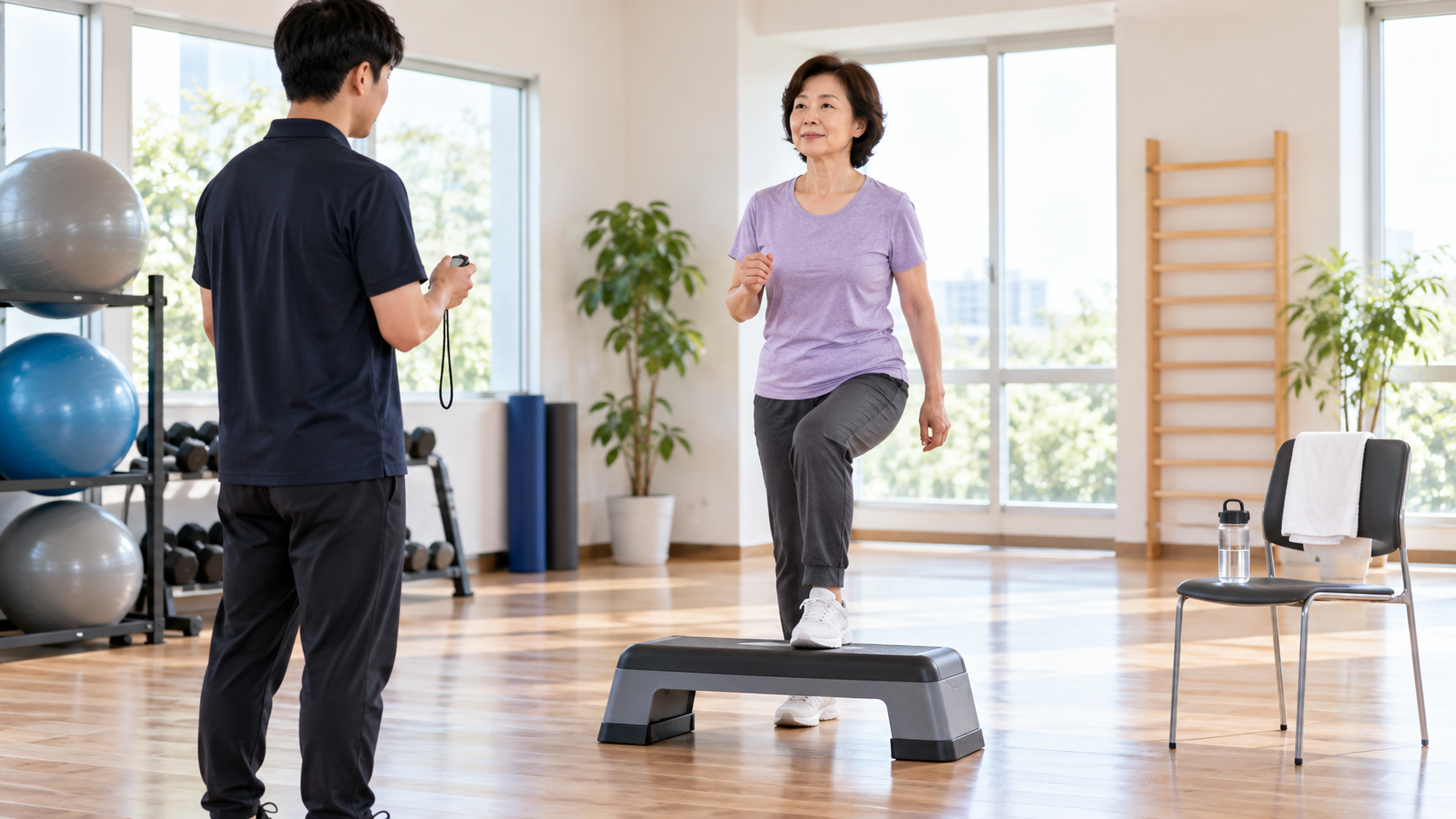 安全に体力評価を行うための椅子とステップ台